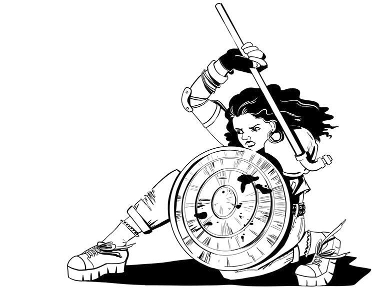 Playbook art for the Shield: image of a young woman with long black hair in hip clothing and hockey pads. She crouches in a defensive pose using a trash can lid as a shield and holding a pipe, ready to strike if necessary.