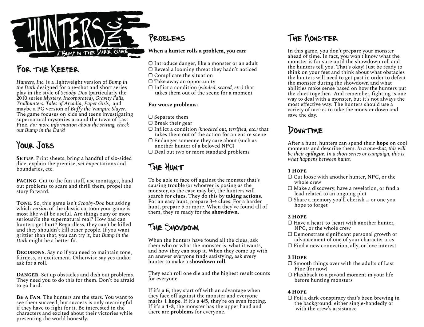 Hunter's Inc. keeper worksheet