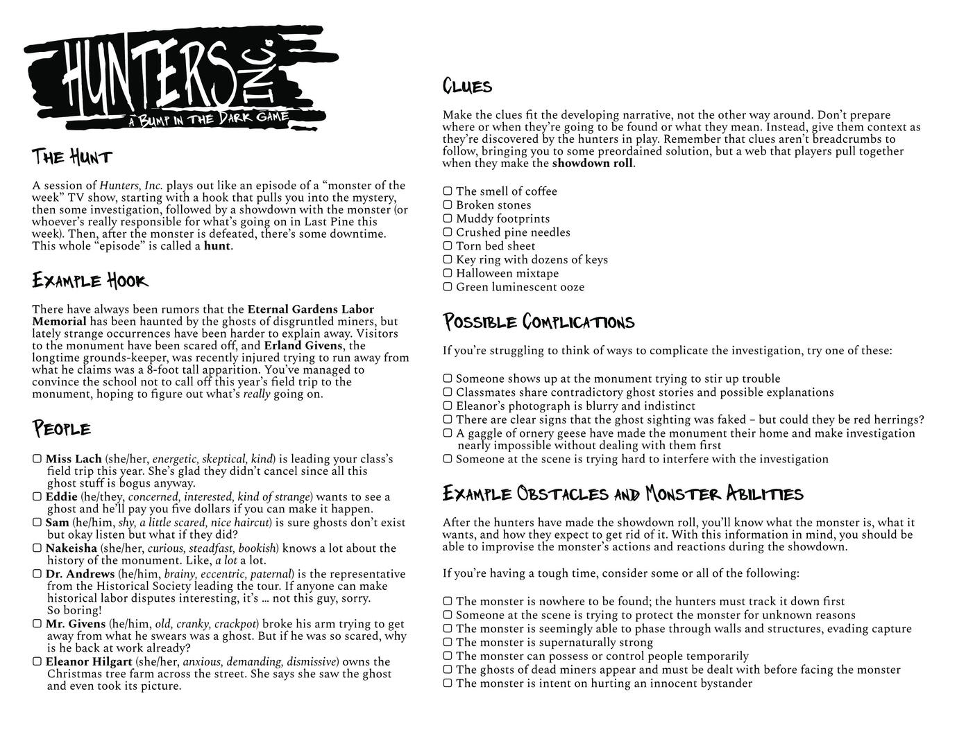 Hunter's Inc. hunt sheet (scenario)